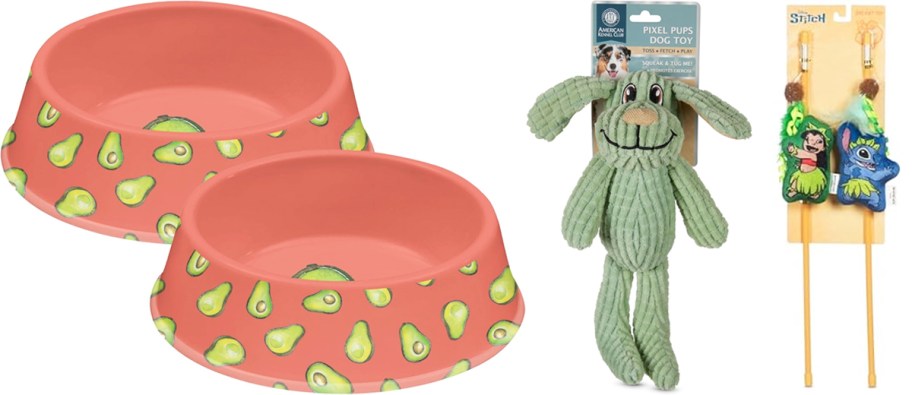 avocado pet bowls, bunny dog toy, and lilo & stitch cat toys