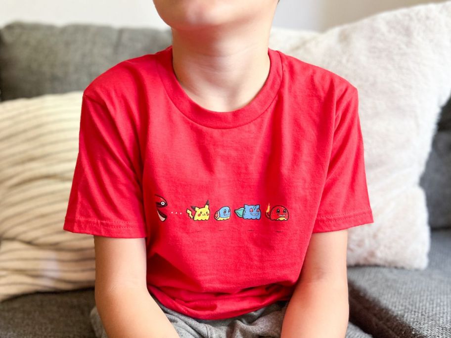 Boy wearing a pokemon graphic tee from Woot