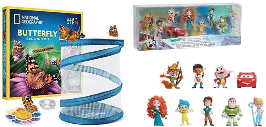 Stock images of a National Geographic Butterfly Kit and a Disney 100 9-Piece Figure set