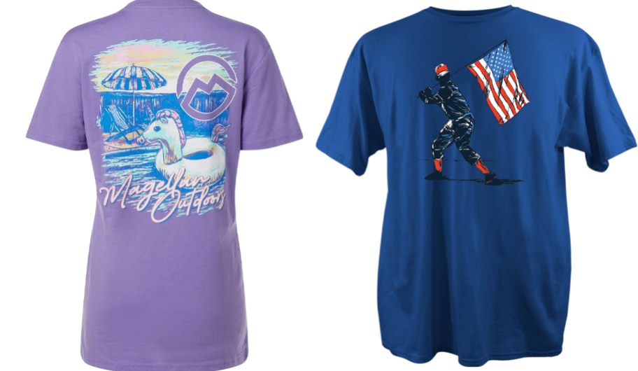 purple and blue adult tees