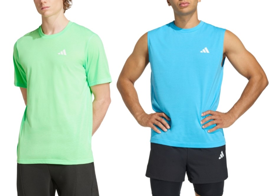 two men in different styles of adidas tees