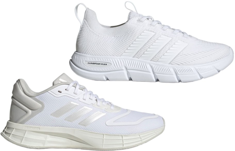A pair of white Adidas sneakers, featuring two different styles&mdash;one with a textured upper and the other with a sleek design.