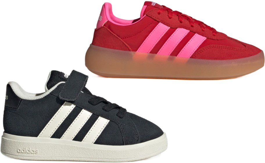 Two pairs of Adidas sneakers: one red with pink stripes and one black with white stripes.