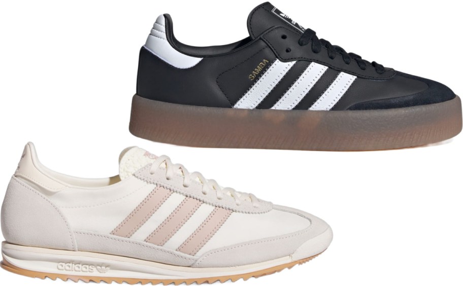 A pair of sneakers: one black with white stripes and a platform sole, and the other white with light beige stripes and a rubber sole.