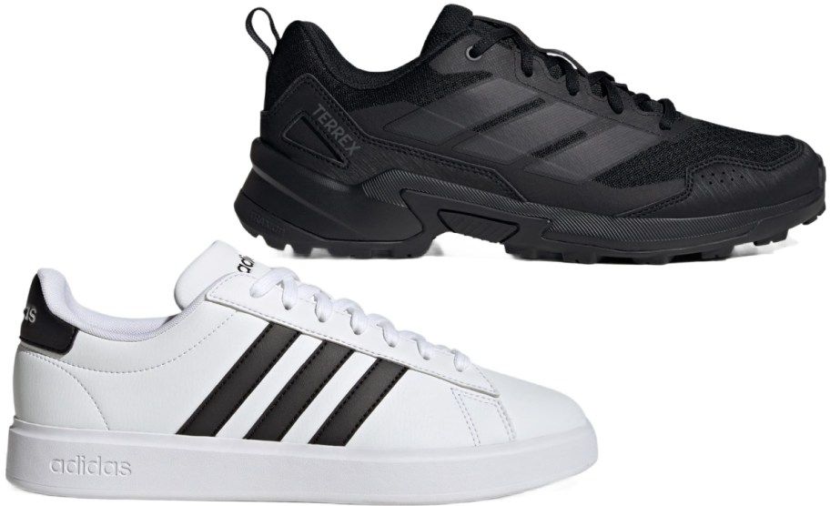 A pair of Adidas shoes: one black athletic shoe and one white casual sneaker with black stripes.