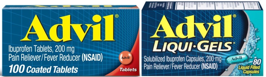 Two packages of Advil pain reliever featuring 100 coated tablets and 80 liquid-filled capsules.
