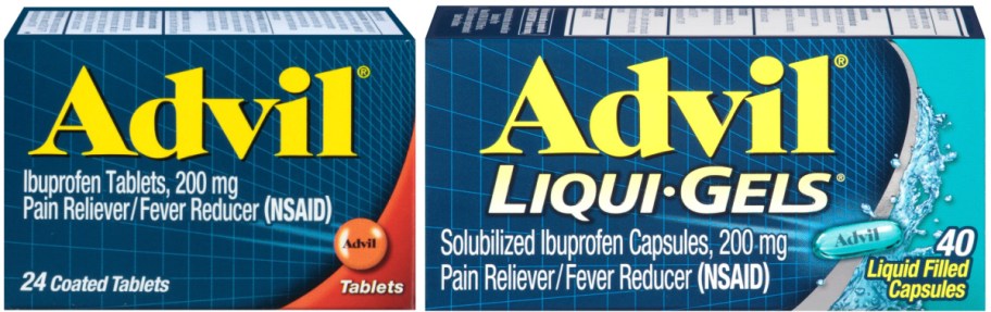 Two boxes of Advil pain reliever featuring 24 coated tablets and 40 liquid-filled capsules.