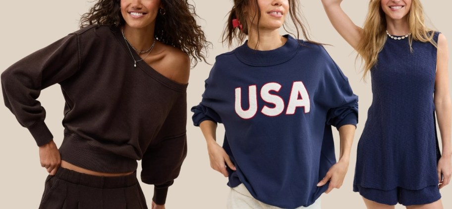 three women wearing aerie sweatshirts and lounge wear