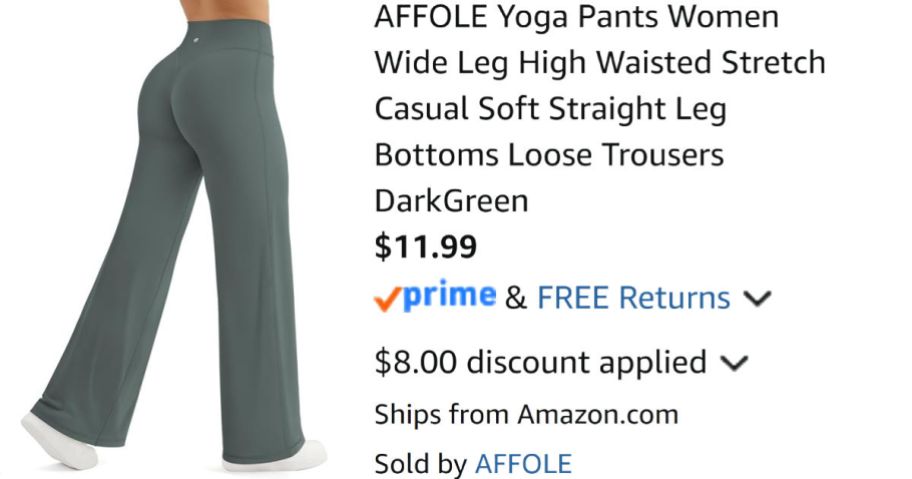 woman wearing green yoga pants next to Amazon pricing information