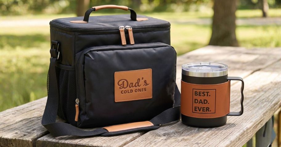 aldi fathers day cooler bag and mug on picnic table