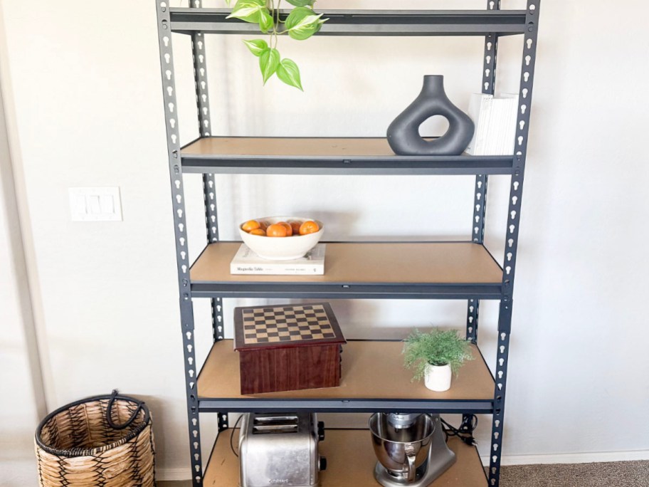 shelves with decor and plants on it
