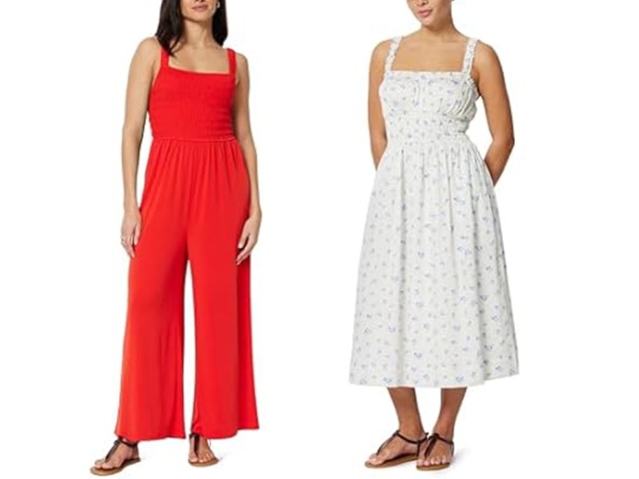 women wearing red jumpsuit and white dress