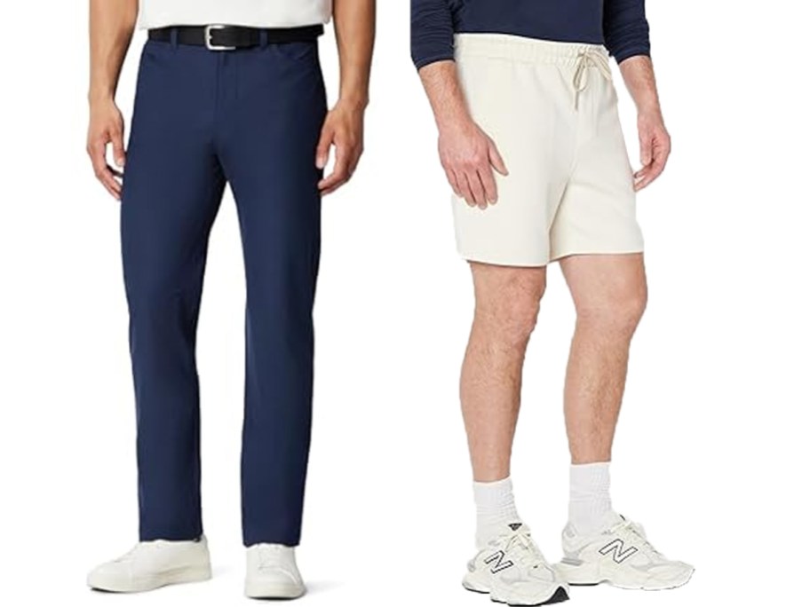 men wearing blue pants and beige shorts