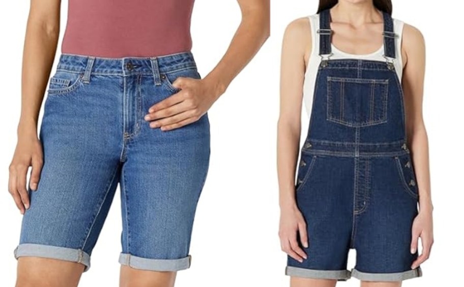 girls wearing blue jean shorts and overalls