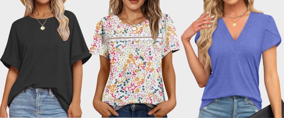 three women wearing summer tops in three different styles