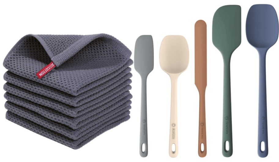 stack of waffle towels and neutral spatulas