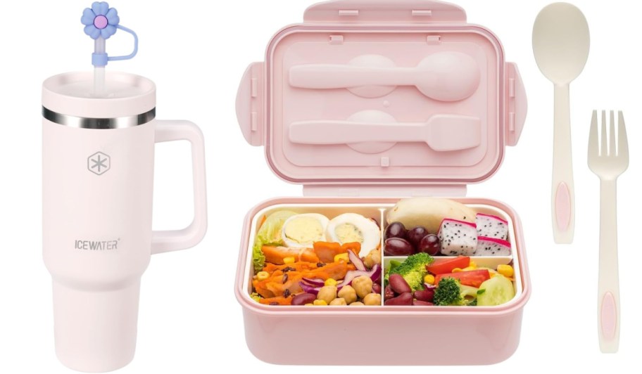 pink tumbler and bento box with food