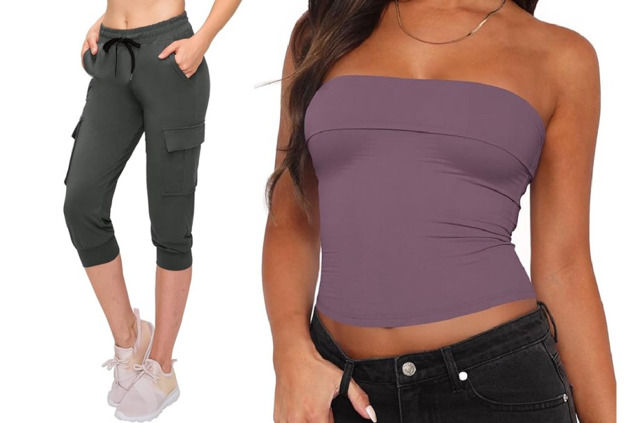 women in black capris and purple tube top
