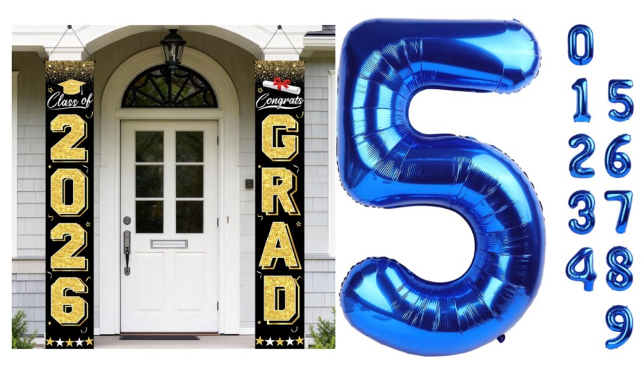 black banner on pillars and blue balloon numbers