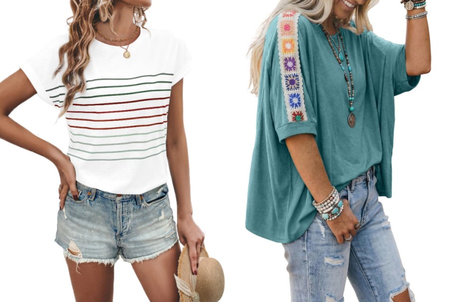 women in striped top and blue boho top