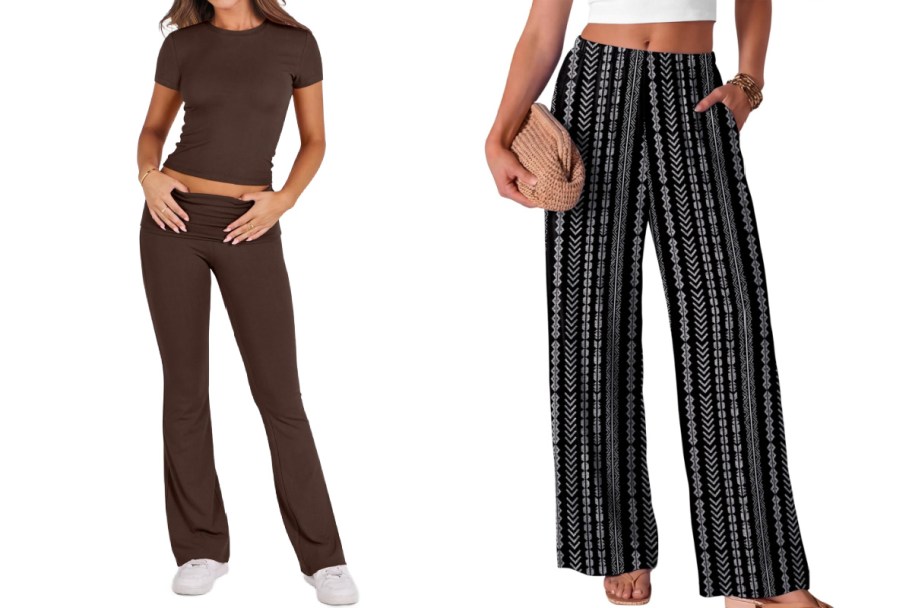 women in brown 2 piece set and black wide leg pants