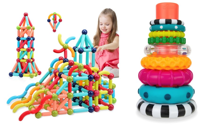 girl next to magnet blocks and stacking ring toy