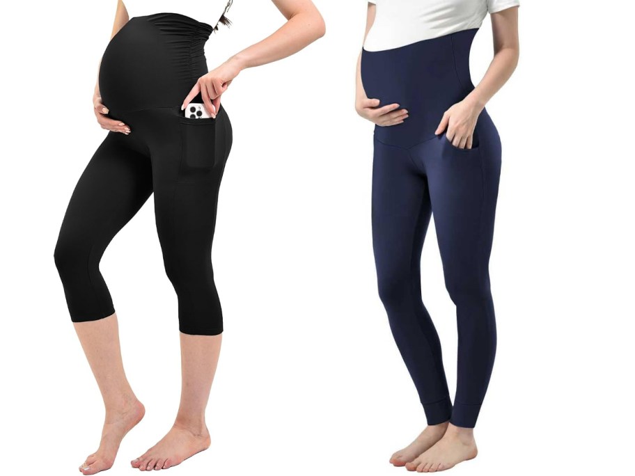 women wearing black and blue leggings and joggers 