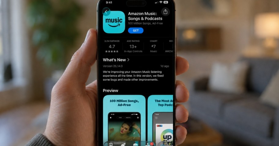 hand holding a phone with the Amazon Music app download on it