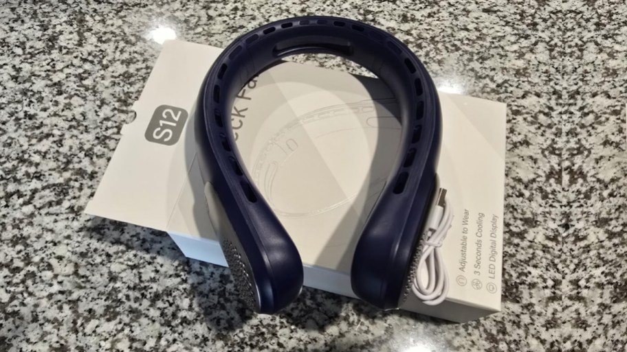amazon neck fan shown with box
