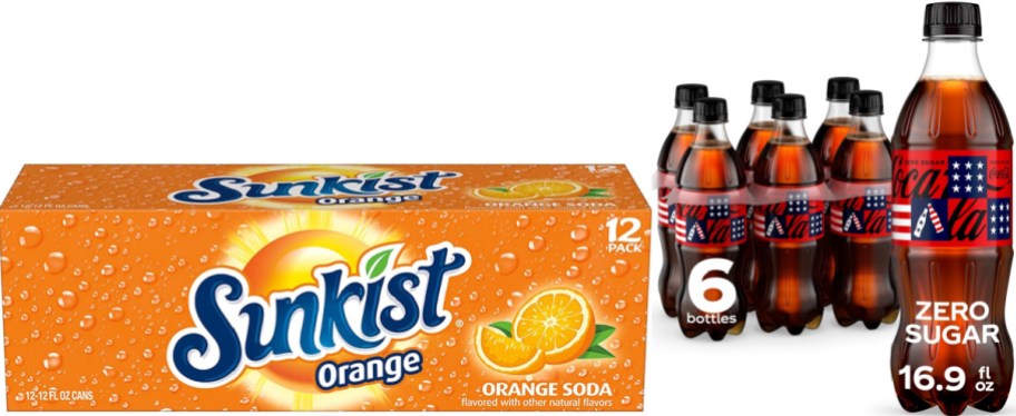 A pack of 12 Sunkist orange soda cans alongside a six-pack of soda bottles labeled "Zero Sugar."