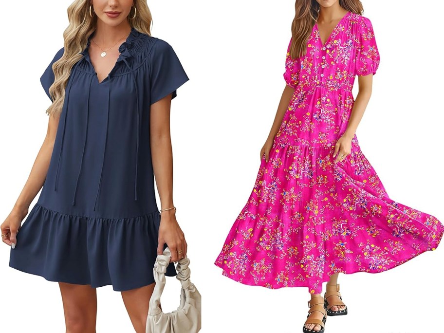 women wearing blue and pink dresses 