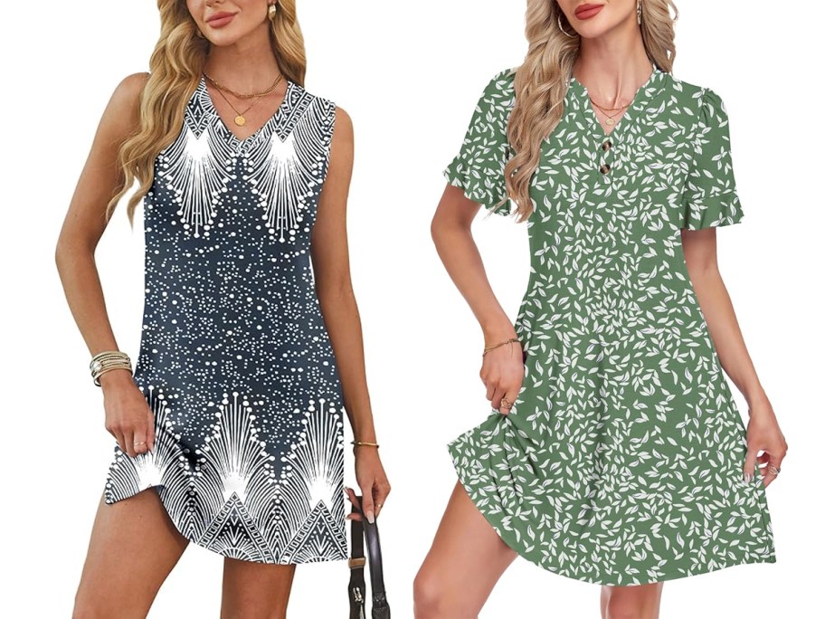 women wearing blue and green dresses 