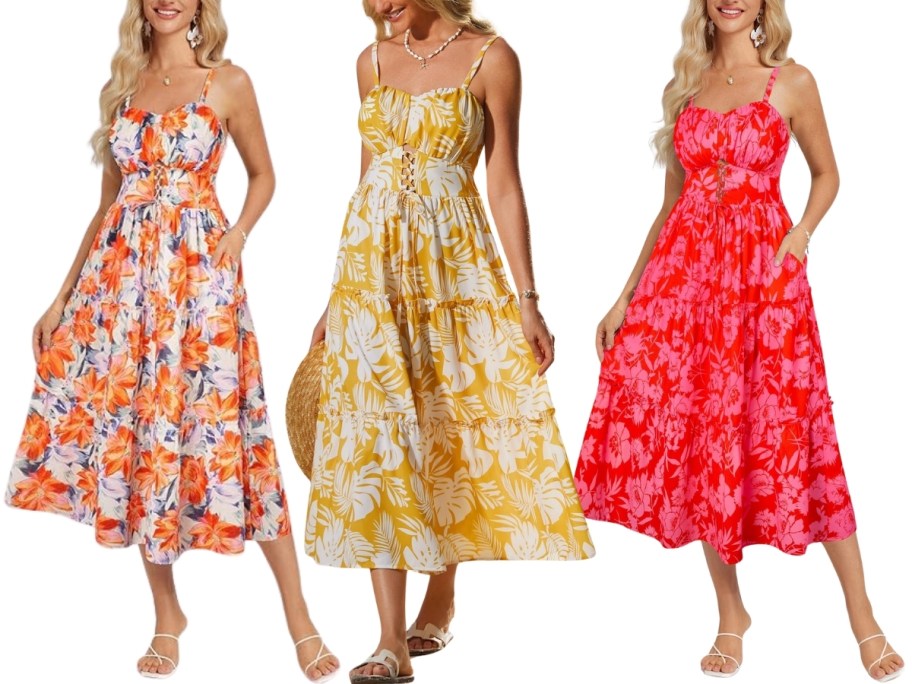 3 women in spaghetti strap summer midi dresses