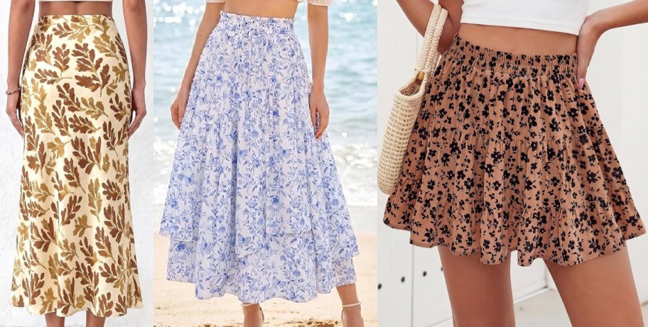 A collage of three women&rsquo;s skirts: a long floral-patterned skirt in gold and brown, a tiered midi skirt with blue and white floral patterns, and a short, ruffled skirt with a black floral design on a tan background.