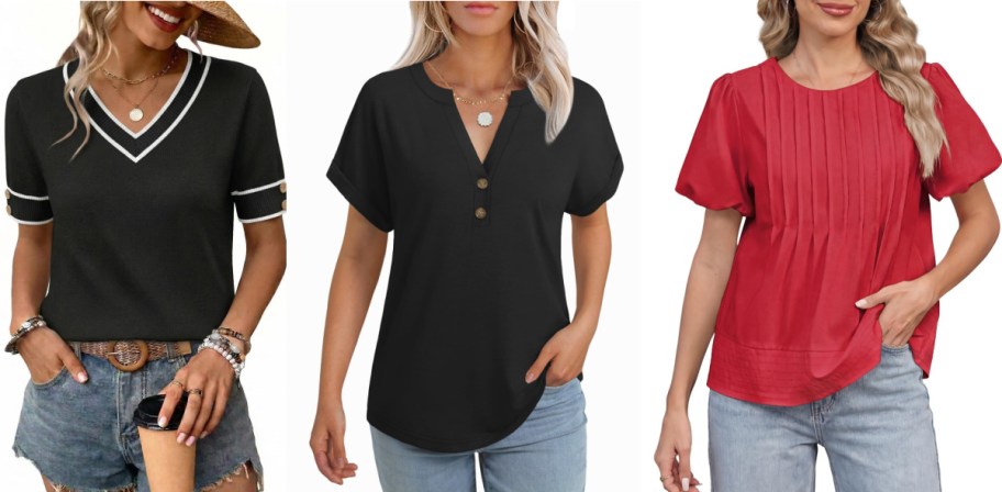 Three women are shown wearing different tops. The first wears a black V-neck with white trim, paired with denim shorts. The second wears a black buttoned blouse with short sleeves and light jeans. The third wears a red pleated top and jeans, with sleeves gathered at the shoulders.