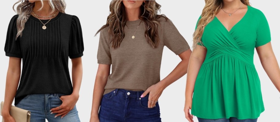 three women wearing summer tops in three different styles