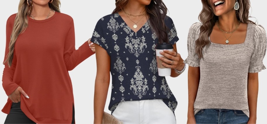 three women wearing summer tops in three different styles