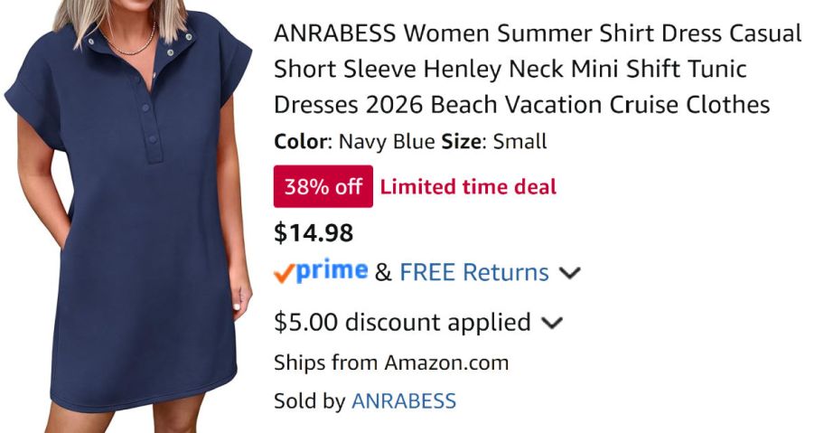 woman wearing navy shirt dress next to Amazon pricing information