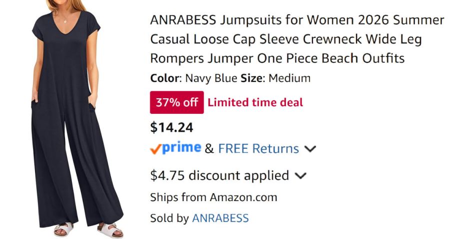 woman wearing navy romper next to Amazon pricing information