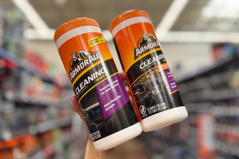 hand holding two canisters of wipes