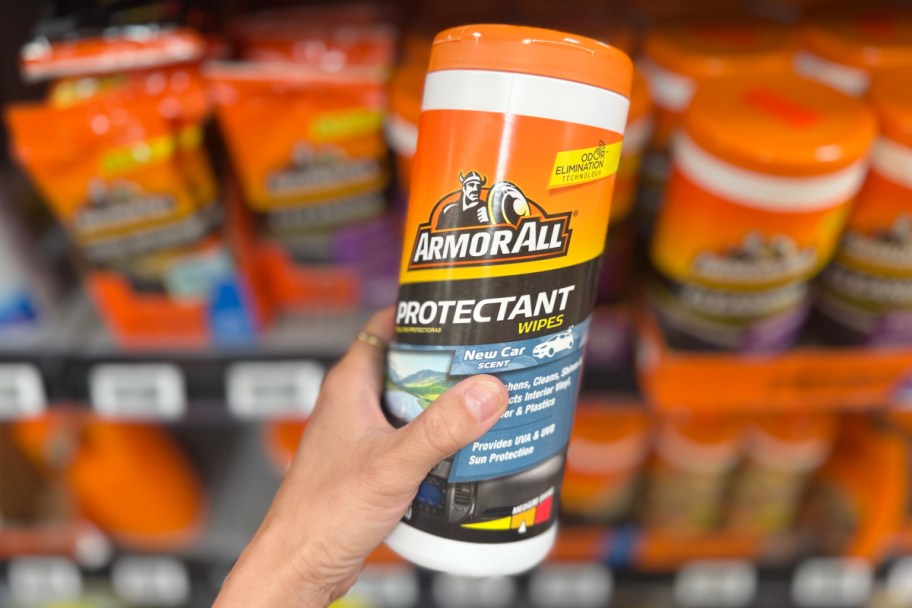 hand holding canister of car wipes