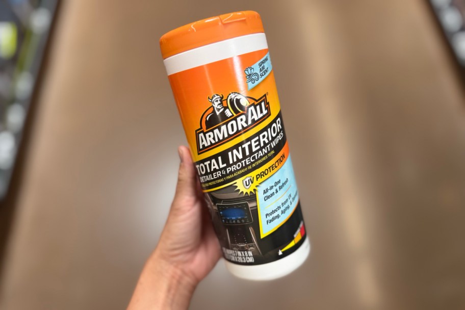 hand holding car wipes canister in aisle