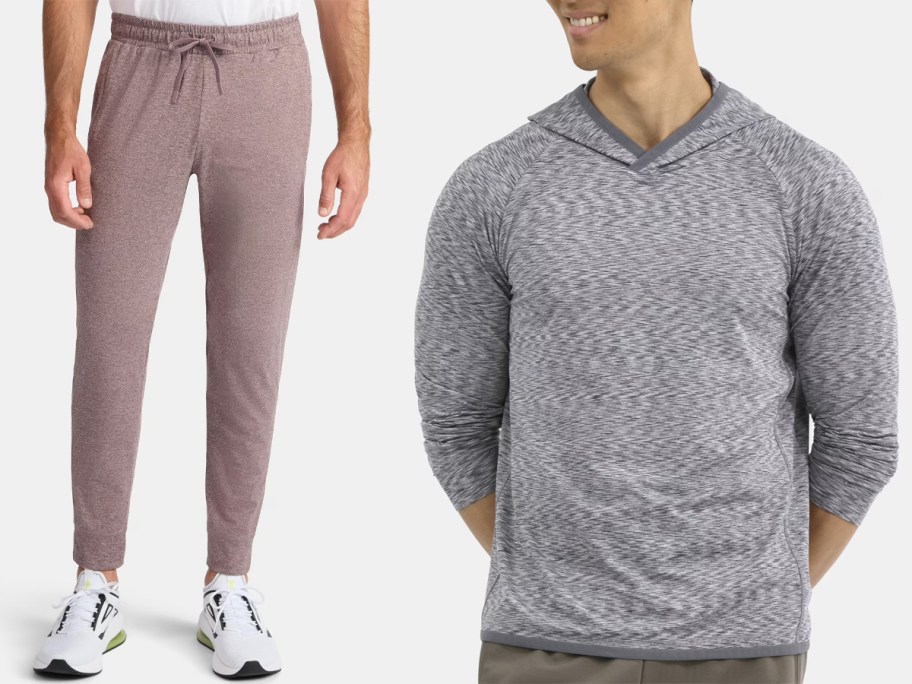 men wearing purple pants and gray hoodie 