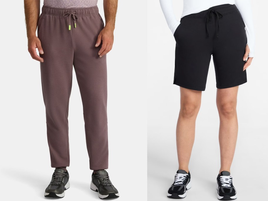 men wearing purple pants and black shorts 