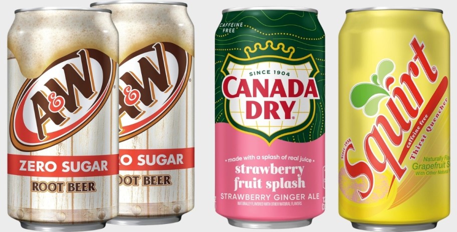 2 cans A&W root beer soda, canada dry strawberry ginger ale, and squirt grapefruit