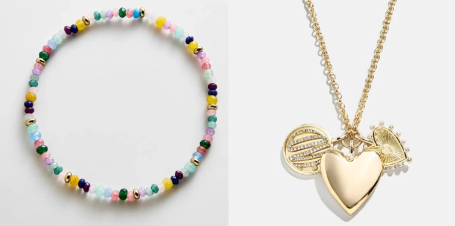 beaded bracelet and gold heart necklace