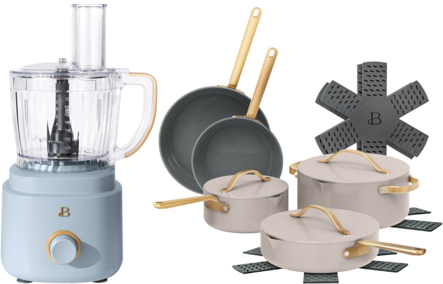 A blue food processor with a clear bowl and gold accents, next to a set of cookware that includes two frying pans, two covered saucepans, and a trivet, all in shades of gray and cream.