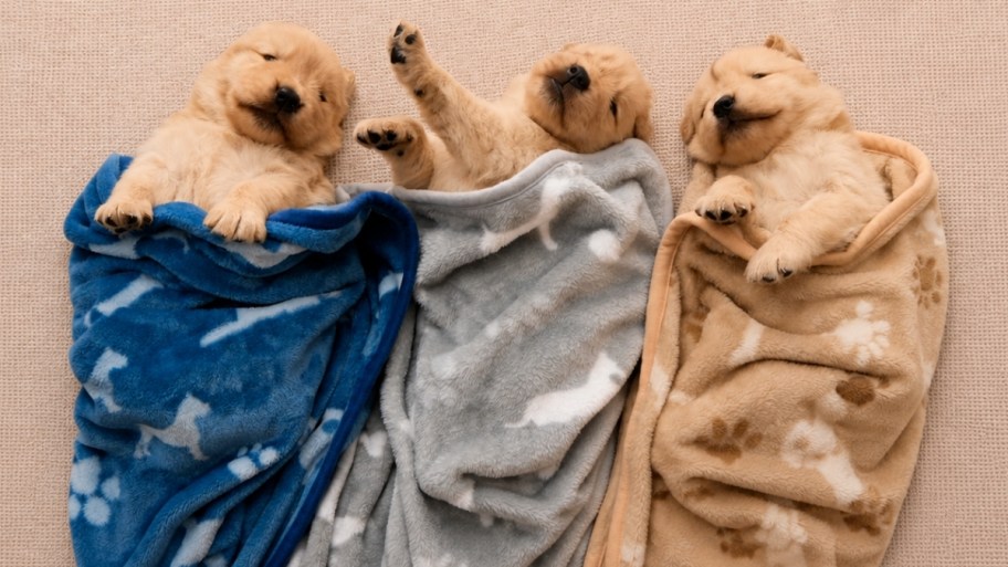 three puppies swaddles in cooling pet blankets