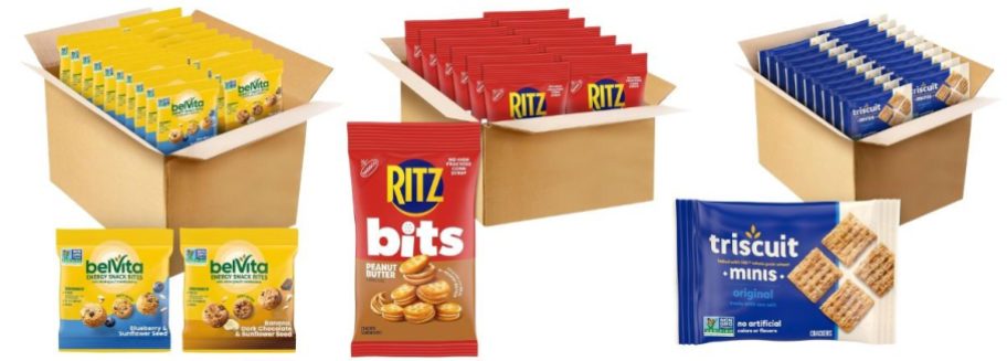 belVita Energy Snack Bites 1.12oz Variety Pack 15-Count, RITZ Bits Peanut Butter Sandwich Cracker 3oz Bags 12-Count, and Triscuit Minis Crackers 1.06oz 20-Count