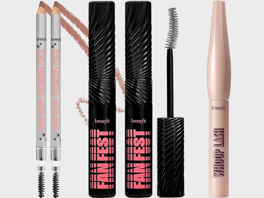 benefit brow pencil, mascara, and lash serum